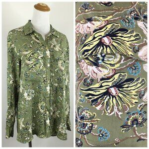 NWOT C WONDER Green Multi Color Floral Print Gold Logo Button Long Sleeve Shirt